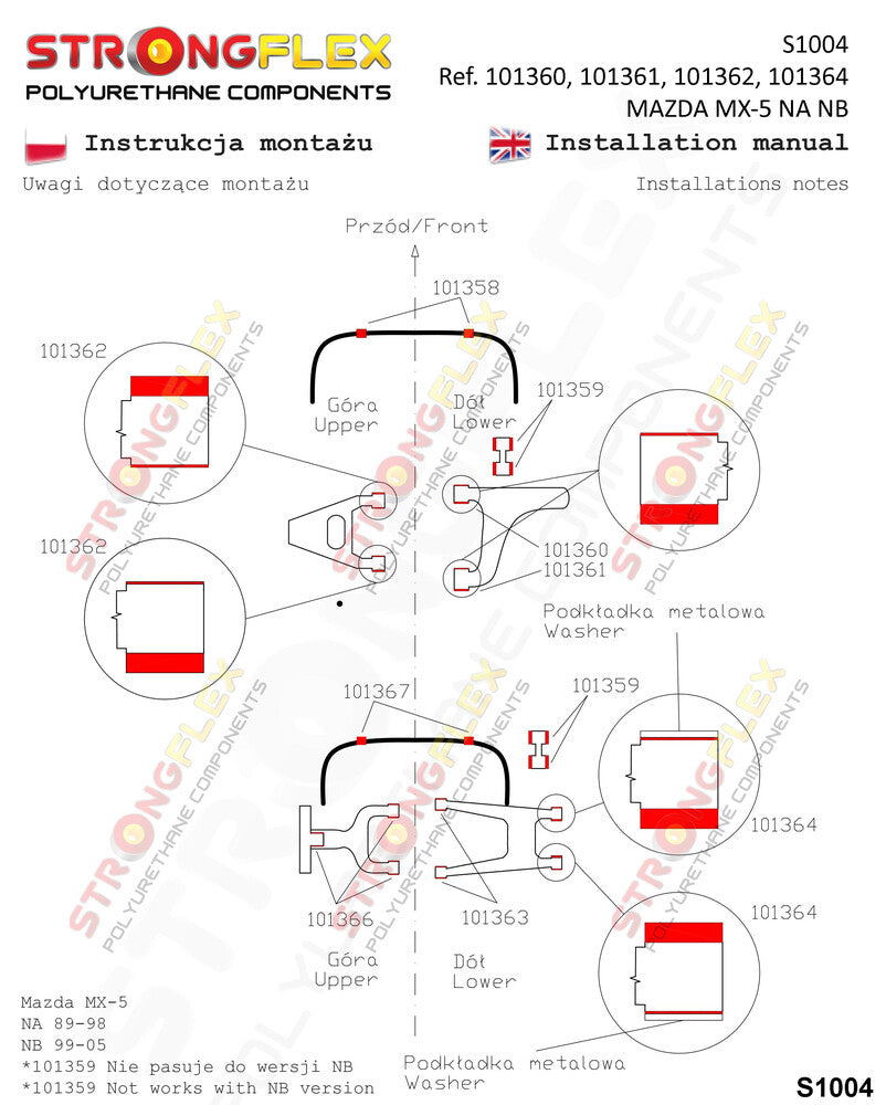 Schema montaj - Kit bucse poliuretan Strongflex suspensie spate SPORT - Mazda MX-5 / Miata / Roadster - 106127A
