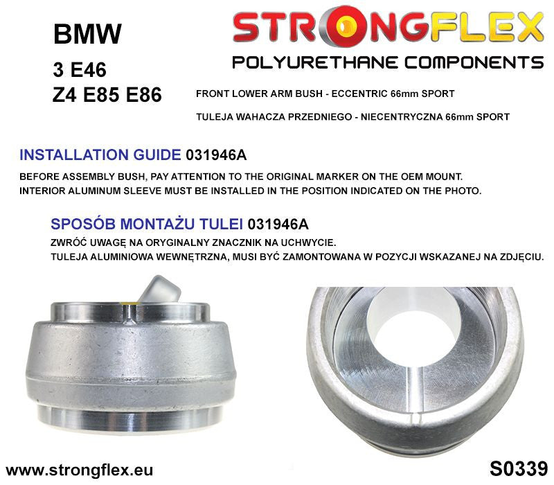 Schema montaj - Bucsa poliuretan Strongflex brat inferior fata - eccentric 66mm SPORT - BMW Seria 3, Z4 - 031946A