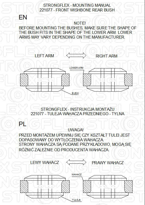 Schema montaj - Kit bucse poliuretan Strongflex suspensie fata SPORT - Audi A3 / S3 / RS3 / Seat Leon / Volkswagen Bora, Golf - 226018A