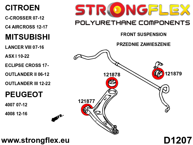 Schema montaj - Bucsa poliuretan Strongflex bara stabilizatoare fata / spate - Mitsubishi Eclipse Cross, Lancer, Outlander - 121879B