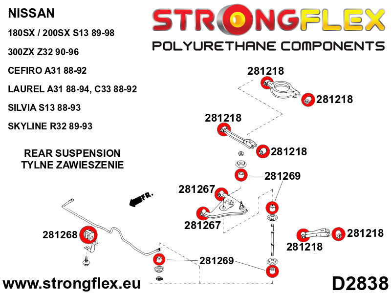 Schema montaj - Kit complet bucse poliuretan Strongflex pentru suspensie R32 AWD SPORT - Nissan Skyline - 286216A