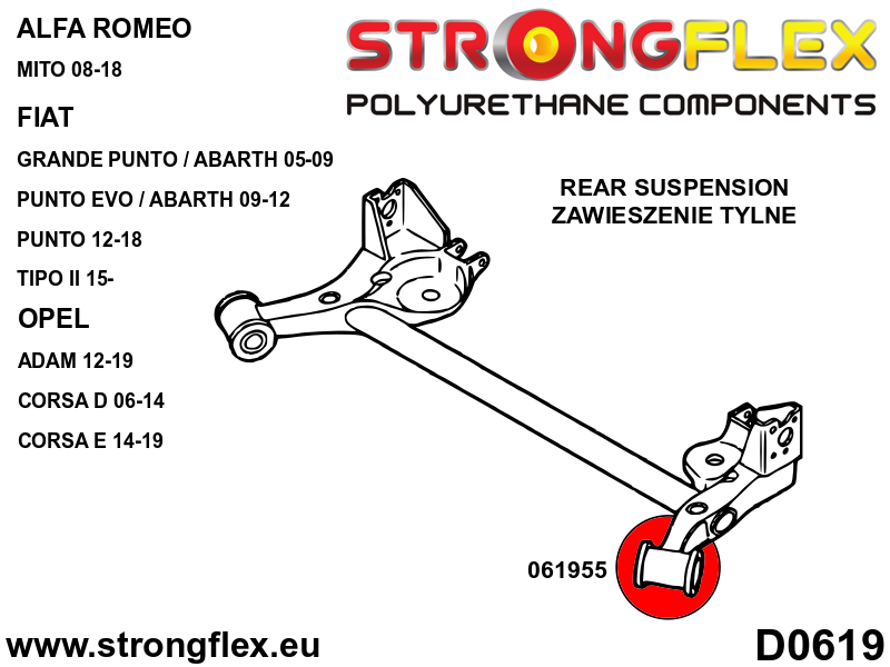 Schema montaj - Bucsa poliuretan Strongflex punte spate 69,5mm SPORT - Alfa Romeo Mito / Fiat 500L - 061955A