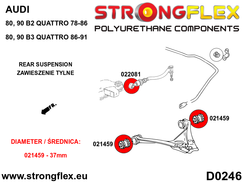 Schema montaj - Kit complet bucse poliuretan Strongflex pentru suspensie SPORT - Audi 80 / 90 / S2 / RS2 - 026286A