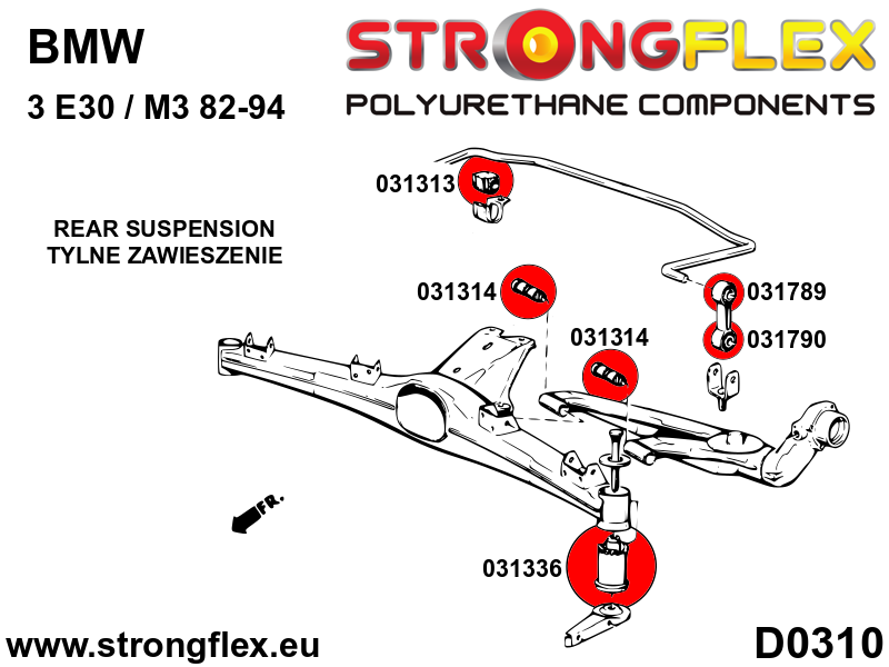 Schema montaj - Bucsa poliuretan Strongflex bieleta stabilizator spate - la bara stabilizatoare SPORT - BMW Seria 3, Seria 5, Seria 6, Z1, Z3 - 031789A