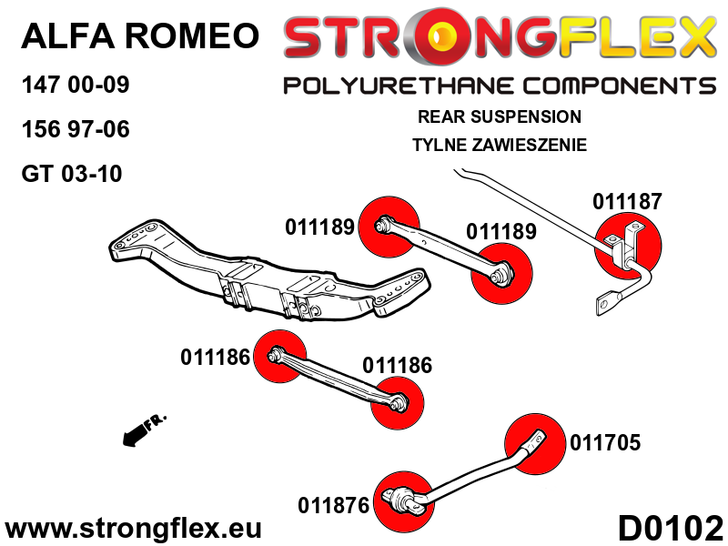 Schema montaj - Kit complet bucse poliuretan Strongflex pentru suspensie SPORT - Alfa Romeo 147, 156, GT - 016079A