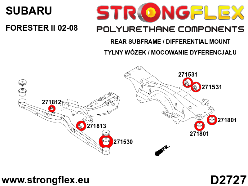 Schema montaj - Bucsa poliuretan Strongflex cadru punte spate - Subaru Forester, Impreza, Legacy/Outback - 271801B