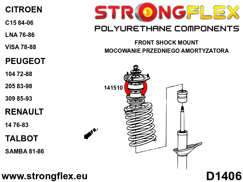 Schema montaj - Kit bucse poliuretan Strongflex suspensie fata si punte spate SPORT - Peugeot 205, 309 - 146105A