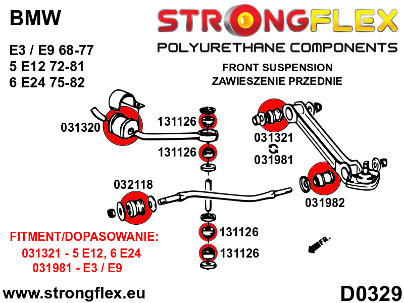 Schema montaj - Kit complet bucse poliuretan Strongflex pentru suspensie SPORT - BMW Seria 5, Seria 6 - 036134A