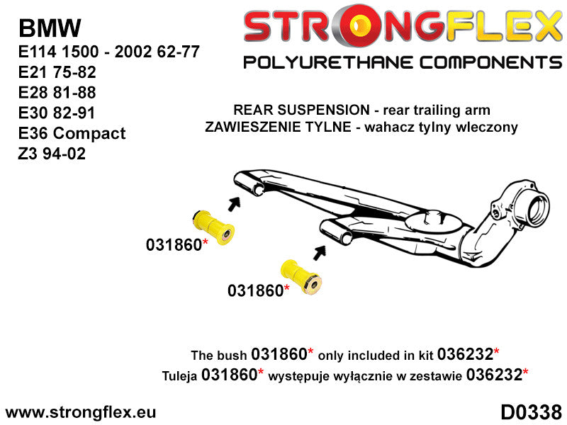 Schema montaj - Kit complet bucse poliuretan Strongflex pentru suspensie SPORT - BMW Seria 5, Seria 6 - 036134A