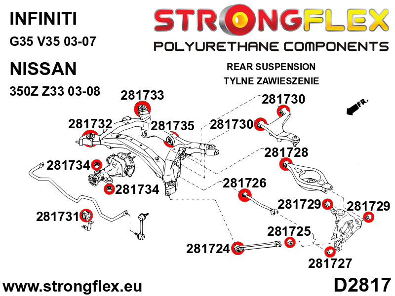 Schema montaj - Bucsa poliuretan Strongflex frontala prindere diferential spate SPORT - Nissan 350Z, 370Z - 281734A