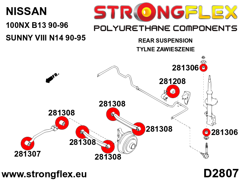Schema montaj - Bucsa poliuretan Strongflex exterioara brat la butuc si bucsa interioara brat transversal SPORT - Nissan 100NX B13, Nissan Primera ... - 281308A