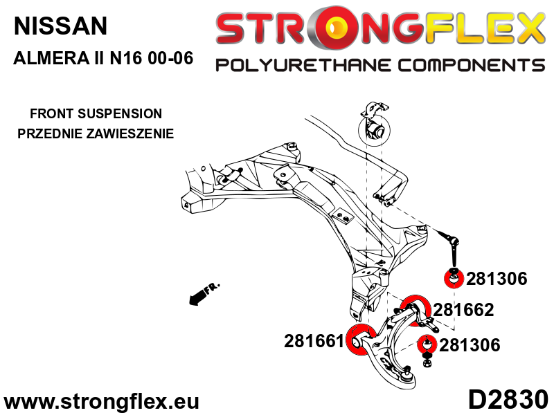 Schema montaj - Bucsa poliuretan Strongflex bieleta stabilizator SPORT - Nissan Sunny / Pulsar / Sentra / Sabre - 281306A