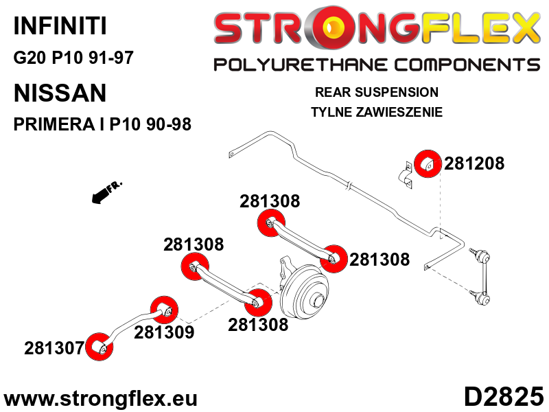 Schema montaj - Bucsa poliuretan Strongflex exterioara brat la butuc si bucsa interioara brat transversal SPORT - Nissan 100NX B13, Nissan Primera ... - 281308A