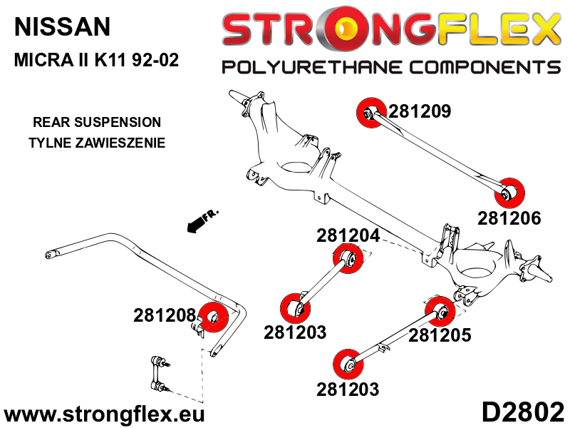 Schema montaj - Bucsa poliuretan Strongflex bara stabilizatoare spate SPORT - Nissan Sunny / Pulsar / Sentra / Sabre - 281208A