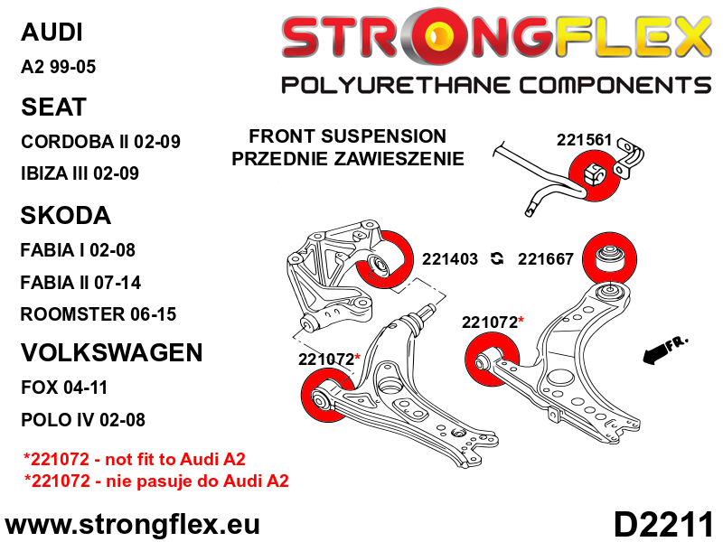 Schema montaj - Kit bucse poliuretan Strongflex suspensie fata - Seat Ibiza / Volkswagen Polo - 226223B