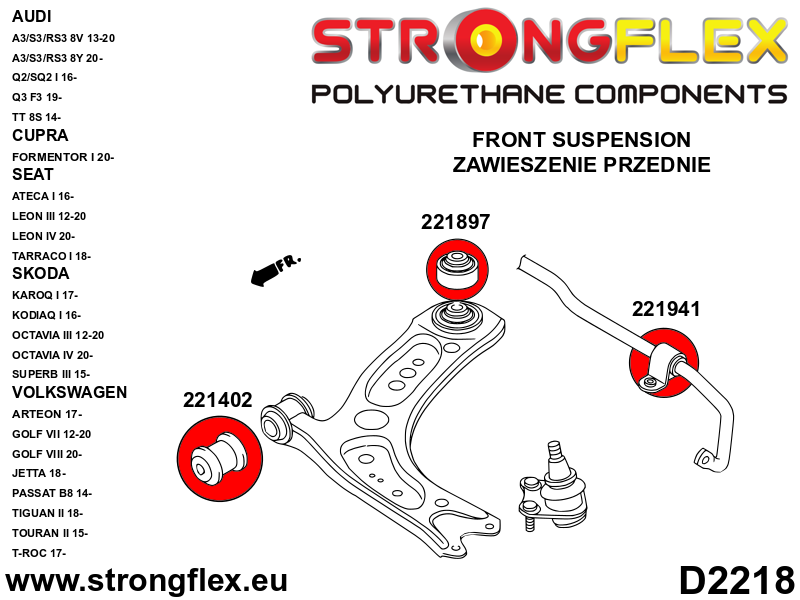 Schema montaj - Kit bucse poliuretan Strongflex suspensie fata si punte spate SPORT - Audi A3 / S3 / RS3 / Seat Leon / Volkswagen Golf - 226246A