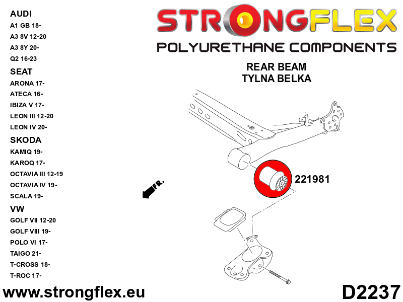Schema montaj - Kit bucse poliuretan Strongflex suspensie fata si punte spate - Audi A3 / S3 / RS3 / Seat Leon / Volkswagen Golf - 226246B