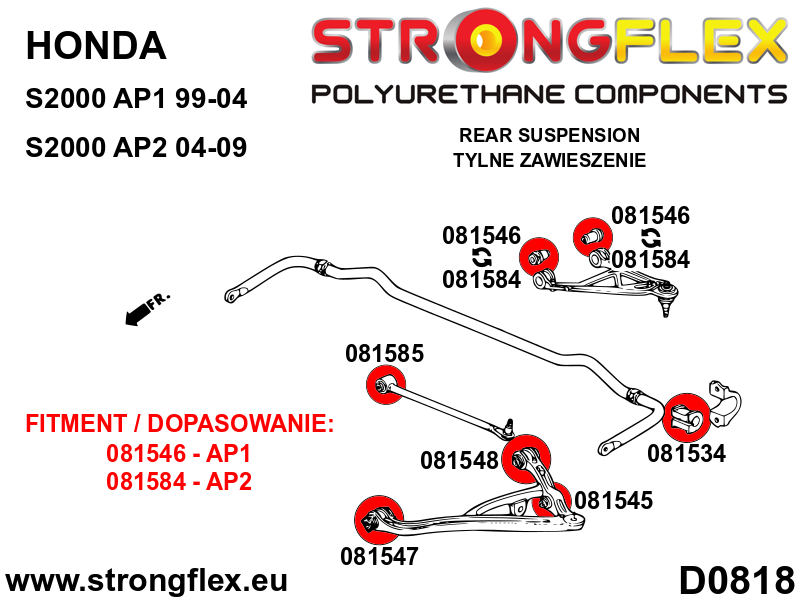 Schema montaj - Kit complet bucse poliuretan Strongflex pentru suspensie AP1 - Honda S2000 - 086153B