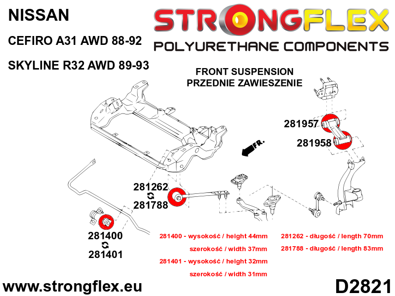 Schema montaj - Brat radius inferior fata - bucsa la sasiu GT-R - poliuretan Strongflex - Nissan Skyline - 281788B