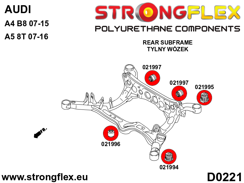 Schema montaj - Bucsa poliuretan Strongflex frontala diferential spate SPORT - Audi A4 / S4 / RS4, A5 / S5 / RS5 / Porsche Macan - 021996A