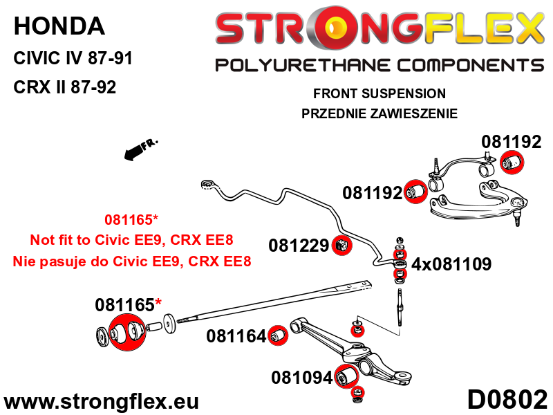Schema montaj - Bucsa poliuretan Strongflex prindere ochi arc fata - Honda Civic, Integra, Prelude - 081109B