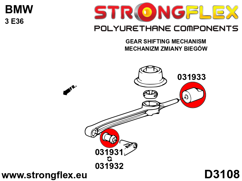 Schema montaj - Brat timonerie schimbator - bucsa fata (ovala) 19mm SPORT - poliuretan Strongflex - BMW Seria 1, BMW Seria 3 ... - 031932A