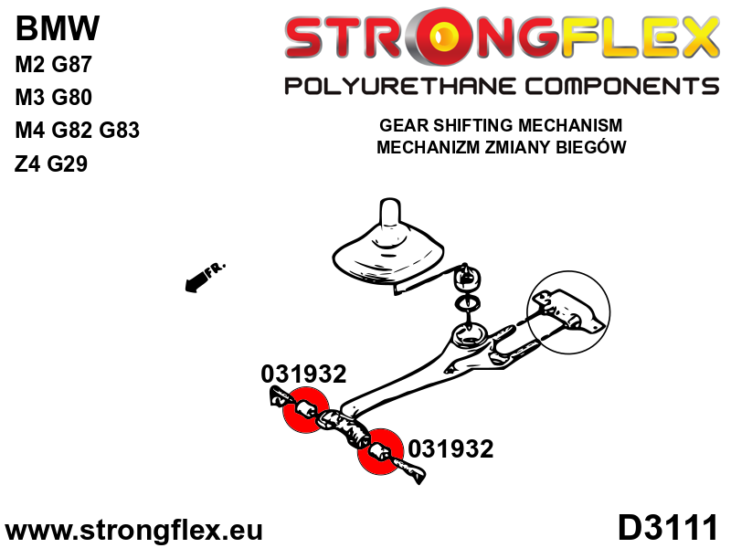 Schema montaj - Brat timonerie schimbator - bucsa fata (ovala) 19mm SPORT - poliuretan Strongflex - BMW Seria 1, BMW Seria 3 ... - 031932A