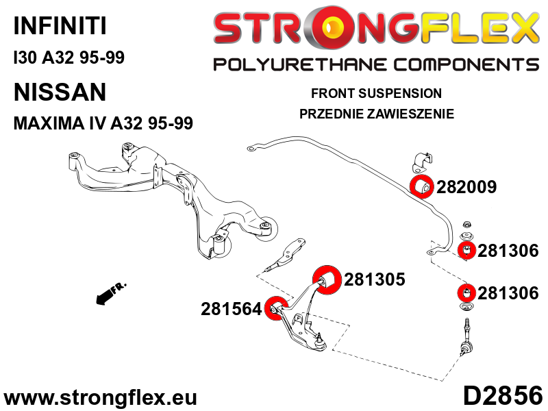 Schema montaj - Bucsa poliuretan Strongflex posterioara brat suspensie fata SPORT - Nissan Sunny / Pulsar / Sentra / Sabre - 281305A