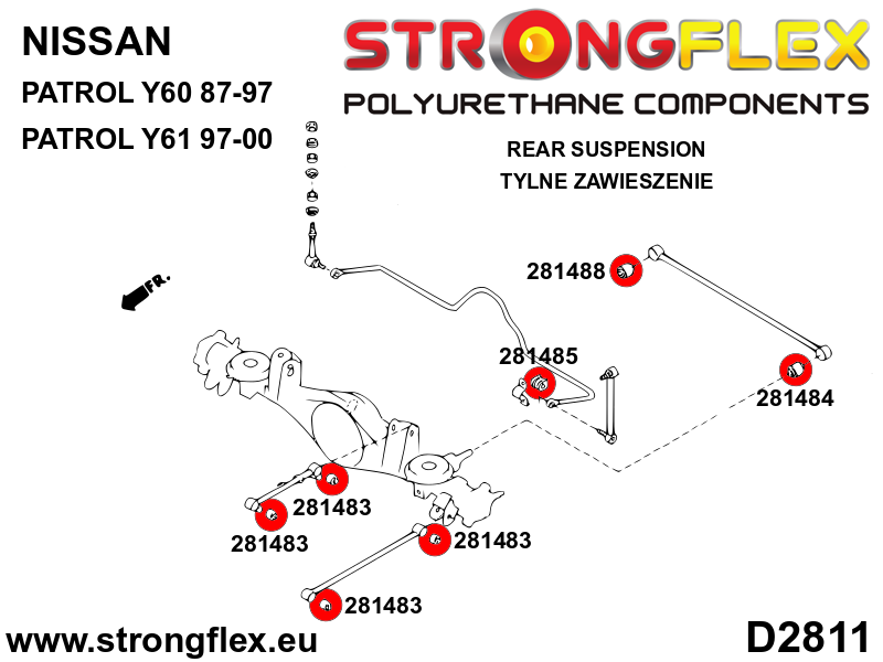 Schema montaj - Bara Panhard - bucsa prindere la diferential 26mm SPORT - poliuretan Strongflex - Nissan Patrol / Safari - 281484A