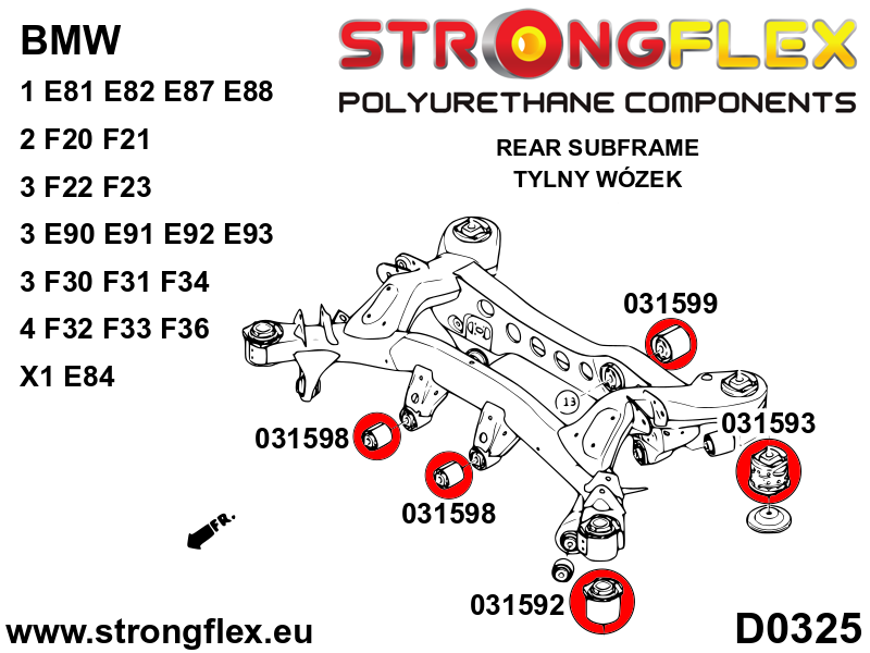 Schema montaj - Bucsa poliuretan Strongflex prindere fata diferential spate - BMW Seria 1, Seria 2, Seria 3, Seria 4 - 031598B