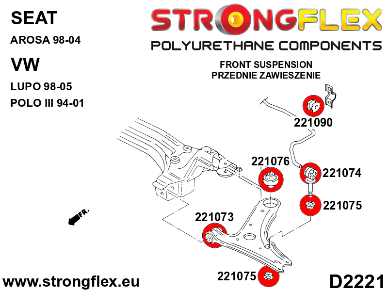 Schema montaj - Bucsa poliuretan Strongflex surub cu ochi bara stabilizatoare fata SPORT - Seat Ibiza / Volkswagen Corrado, Golf, Jetta, Polo - 221074A