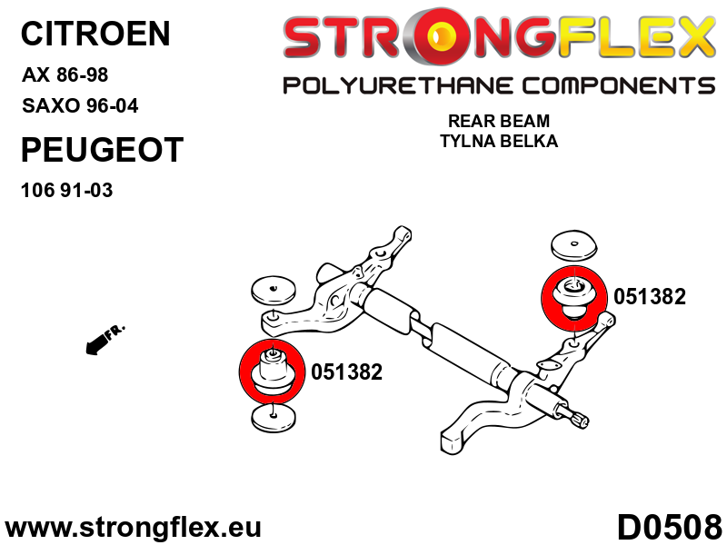 Schema montaj - Kit bucse poliuretan Strongflex suspensie fata si punte spate - Peugeot 106 - 056004B