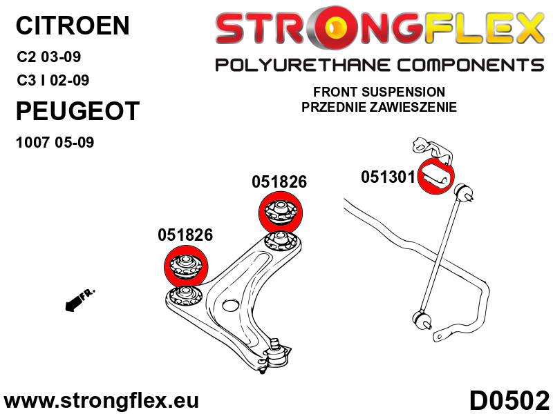 Kit bucse poliuretan Strongflex suspensie fata SPORT - Citroen C2, Citroen C3 ... - 056001A