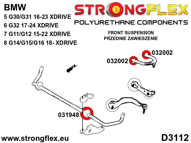 Schema montaj - Bucsa poliuretan Strongflex bara stabilizatoare fata - BMW Seria 1, Seria 2, Seria 3, Seria 4, Seria 5, Seria 6 - 031948B
