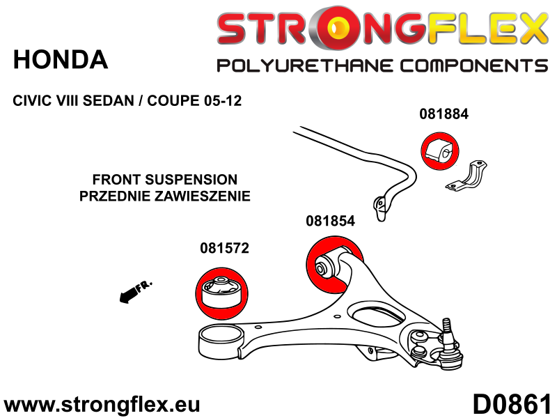 Schema montaj - Bucsa poliuretan Strongflex frontala brat suspensie fata SPORT - Honda Civic, Integra - 081572A