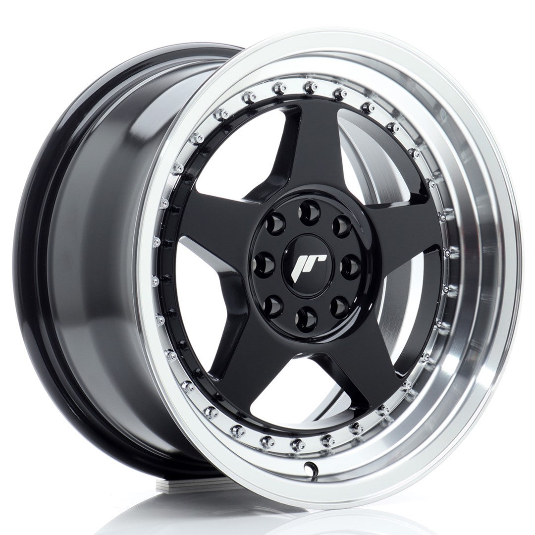 Jante Japan Racing JR6 R16 8J ET25 Argintiu cu Fata CNC - PCD Dubla 4x100/4x108 Negru Lucios cu Buze CNC
