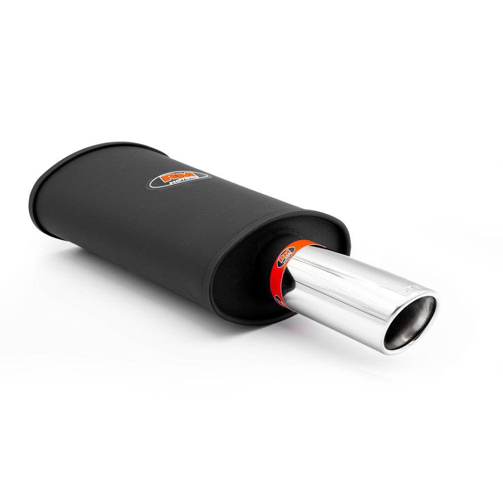 Aluminised sports silencer with a polished angle-cut stainless tip, rolled edge, flared diffuser, RM113