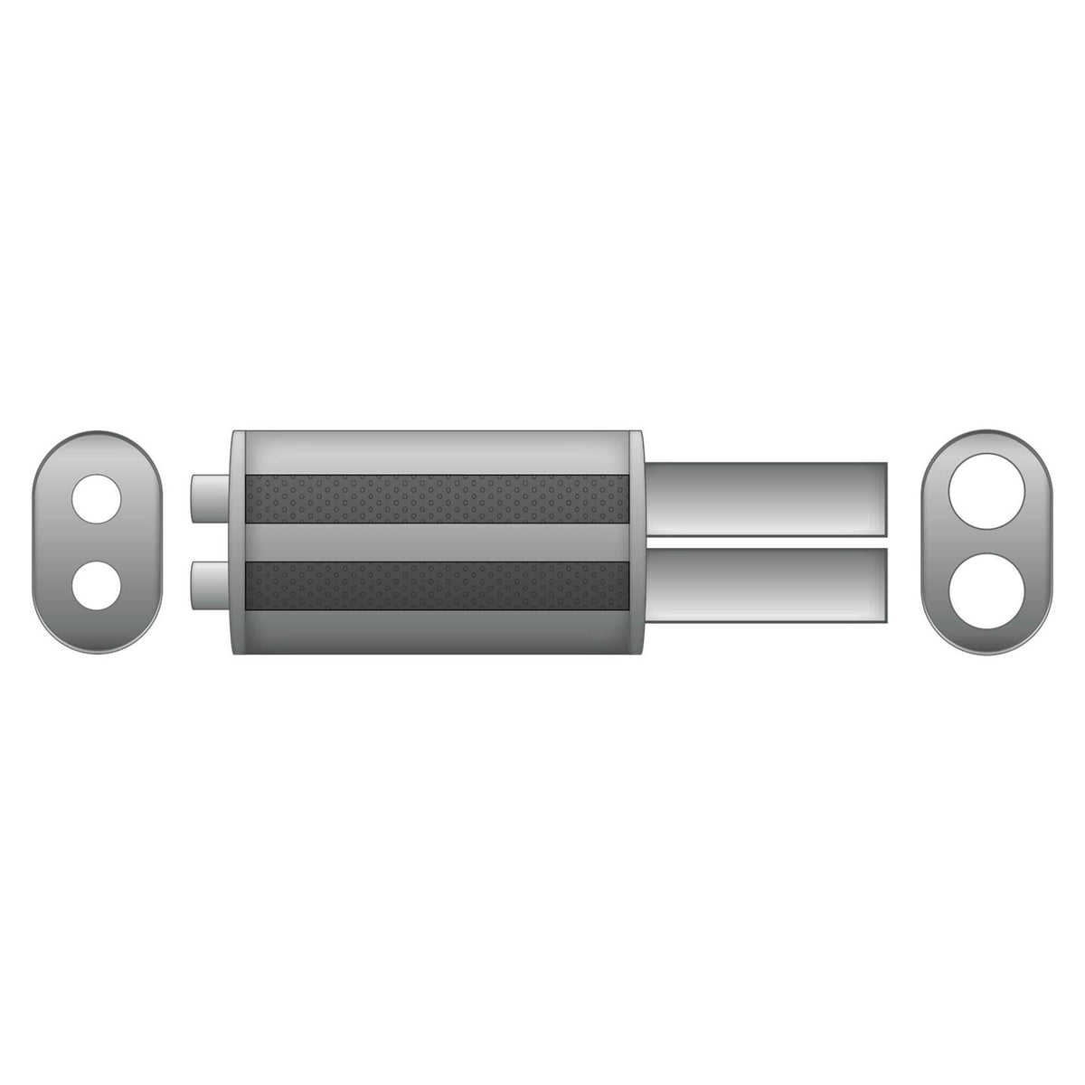 Elliptical end silencer, stainless, 130x220 mm, 2 x 76 mm tips, tip length 250 mm, rolled-edge tips, E110