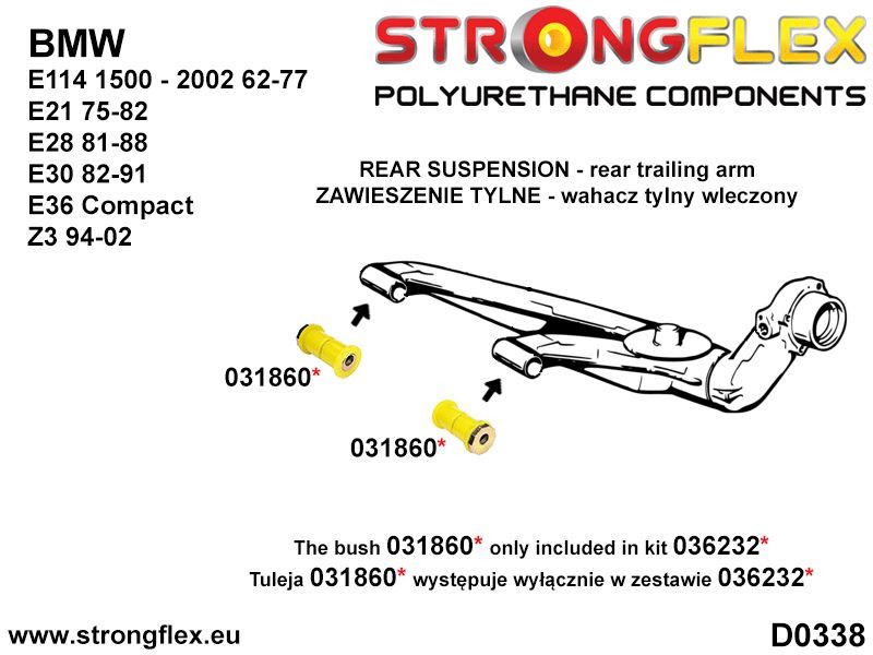 Bucsa poliuretan Strongflex brat longitudinal spate kit eccentric SPORT - BMW Seria 3, Seria 5, Seria 6, Z3 - 036232A