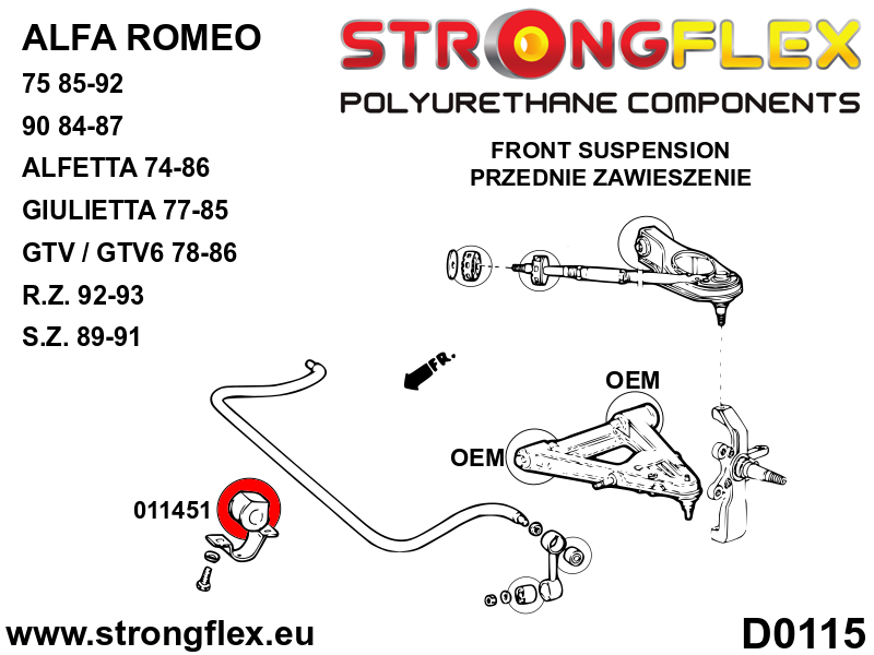Bucsa poliuretan Strongflex bara stabilizatoare fata SPORT - Alfa Romeo 75 / Milano, 90, Alfetta, GTV, Giulietta, R.Z., S.Z. - 011451A