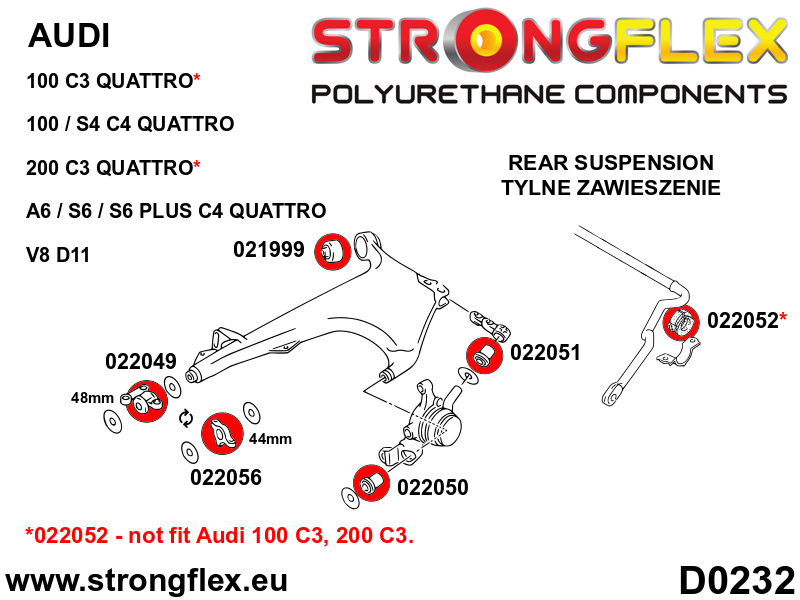 Brat cu bucse poliuretan Strongflex inferior spate - frontala Bucsa 44mm SPORT - Audi 100 / S4 - 022056A