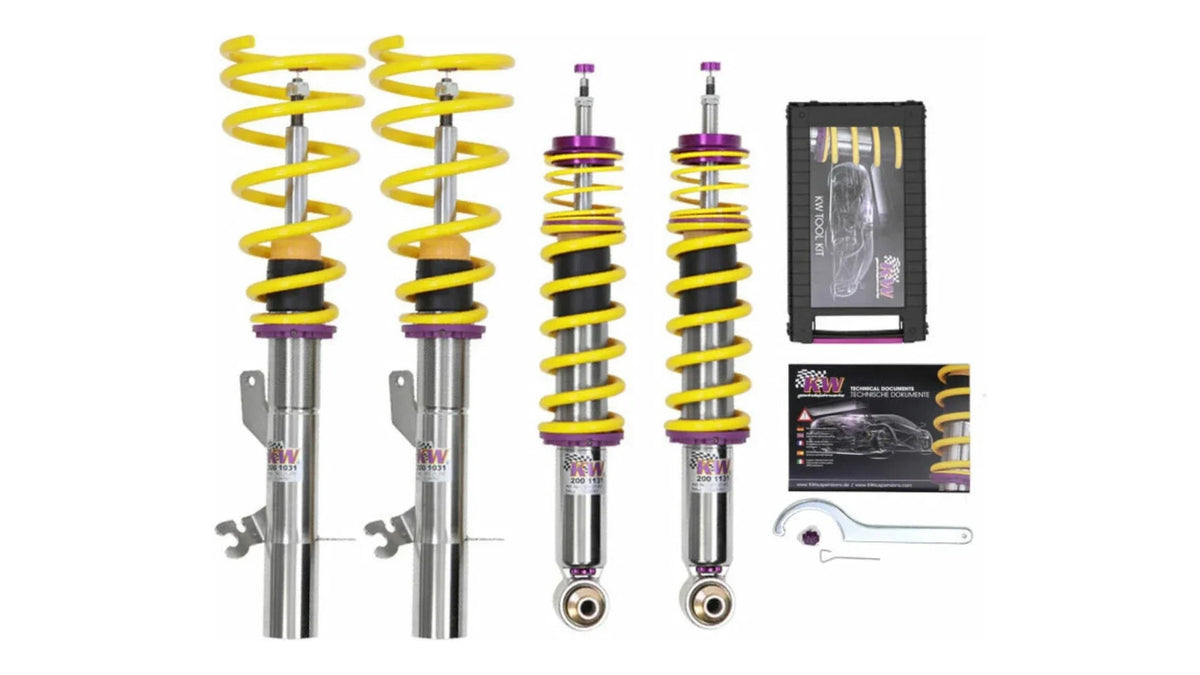 Kit coilover KW cu arcuri galbene, cheie de reglaj si documentatie tehnica