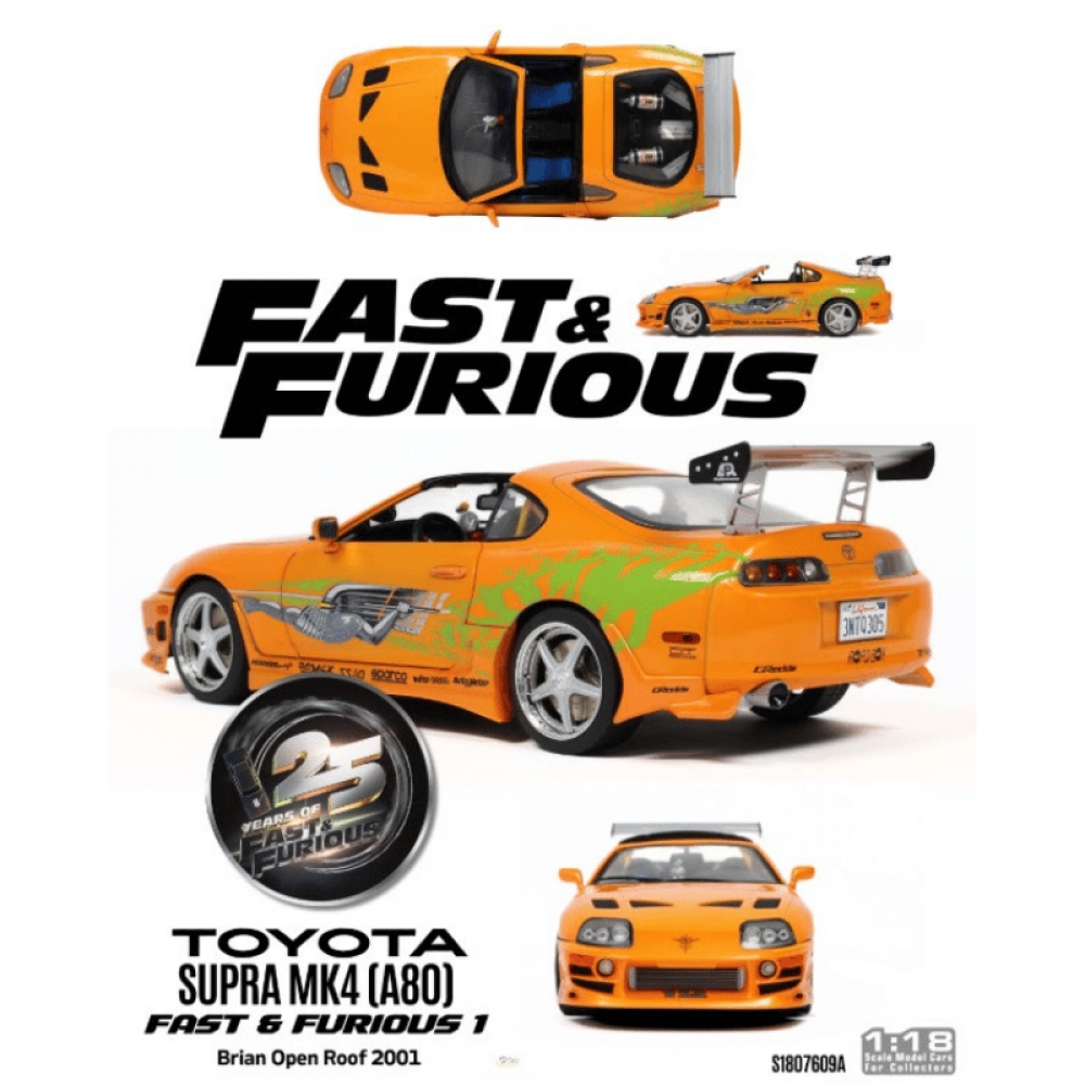 Macheta Toyota Supra MK4 (A80) Fast and Furious 1 Brian Open Roof 2001 scara 1:18 Solido