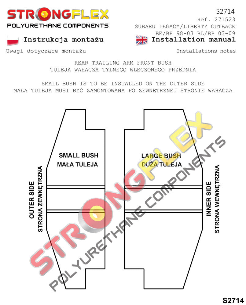 Schema montaj - Bucsa poliuretan Strongflex frontala brat longitudinal spate - Subaru Legacy/Outback - 271523B
