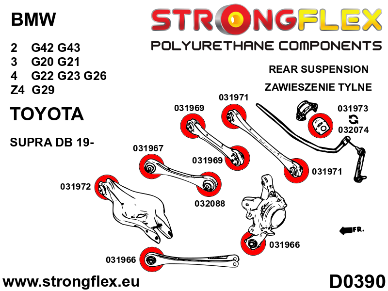 Schema montaj - Bucsa poliuretan Strongflex bara stabilizatoare spate - BMW Seria 1, Seria 2, Z4 / Toyota Supra - 032074B