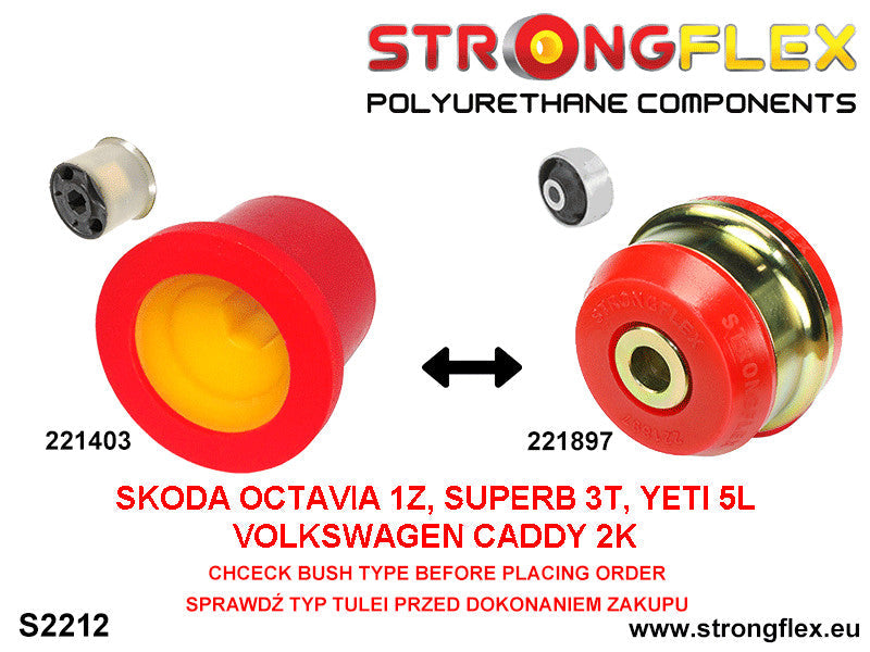 Schema montaj - Bucsa poliuretan Strongflex posterioara brat suspensie fata SPORT - Audi A3 / S3 / RS3, TT / TTS / TTRS / Seat Ibiza, Leon - 221403A