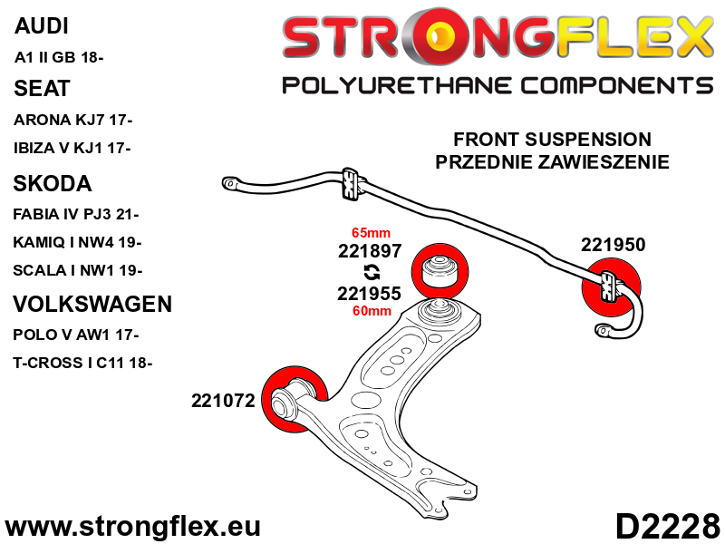Schema montaj - Bucsa poliuretan Strongflex frontala brat suspensie fata 30mm SPORT - Audi A3 / S3 / RS3, TT / TTS / TTRS / Seat Ibiza, Leon - 221072A