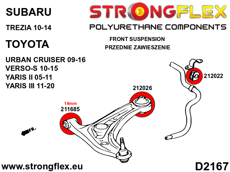 Schema montaj - Bucsa poliuretan Strongflex frontala brat suspensie fata 14mm - Toyota Yaris, Yaris Verso - 211685B