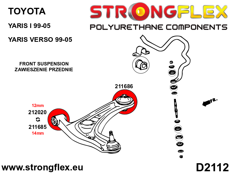 Schema montaj - Bucsa poliuretan Strongflex frontala brat suspensie fata 14mm - Toyota Yaris, Yaris Verso - 211685B