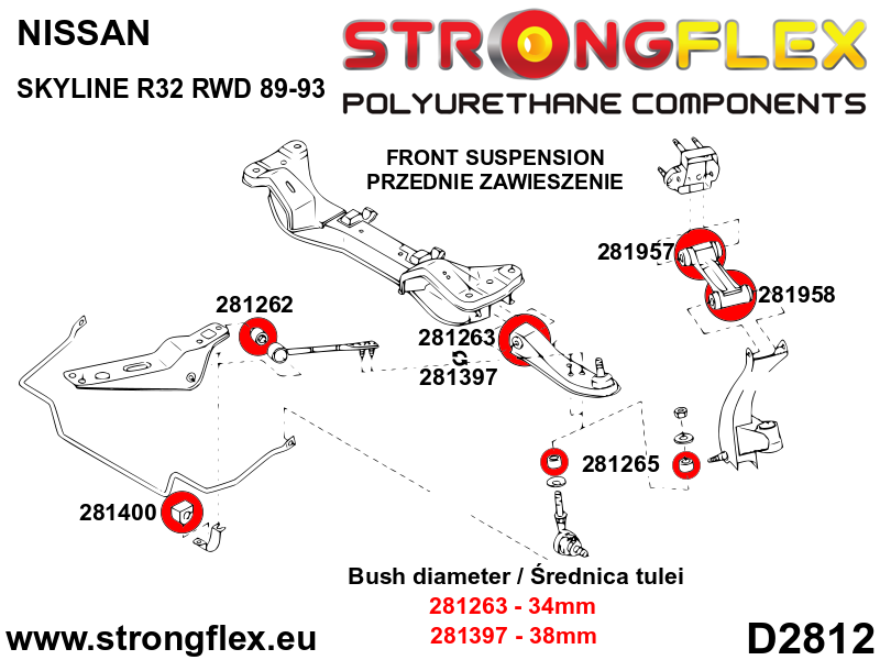 Schema montaj - Bucsa poliuretan Strongflex interioara brat transversal fata 38mm SPORT - Nissan Silvia / 200SX, Skyline - 281397A